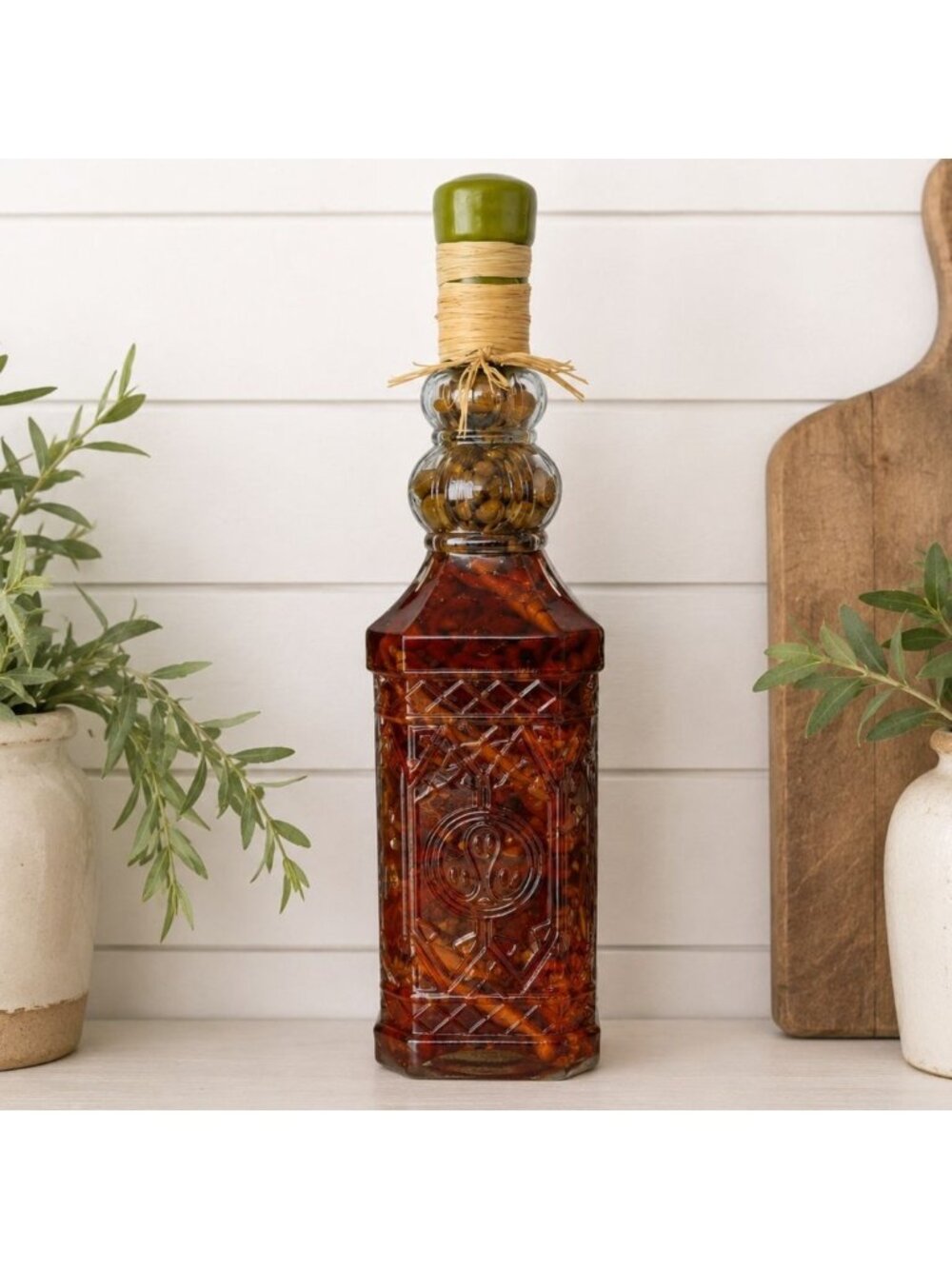 Vintage Amber Glass Pepper Bottle Preserved Peppers Raffia Rustic Decor